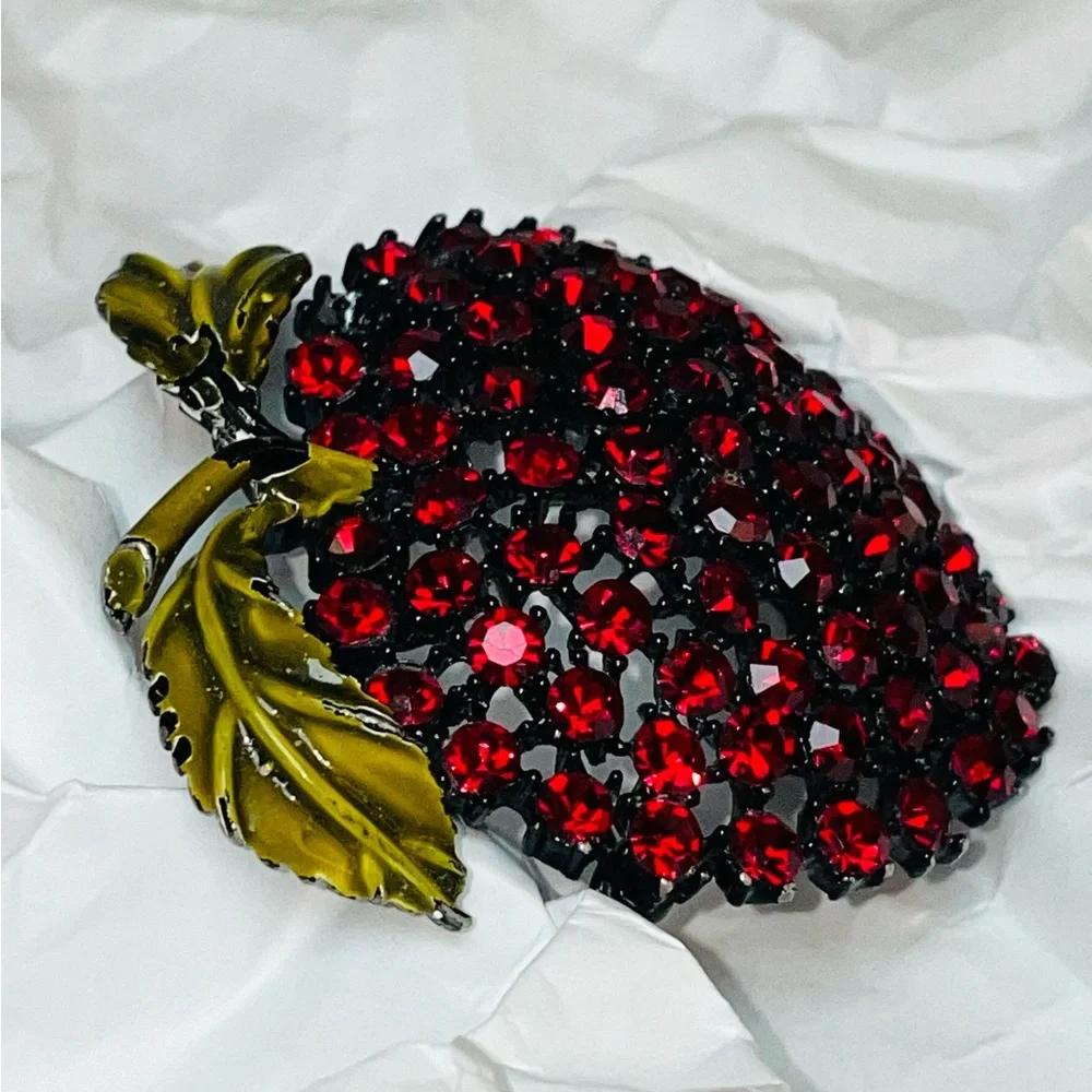 Weiss Red Rhinestone Apple Brooch Pin, Japanned Black Setting, Enamel Leaves